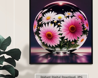 Daisies in a glass bowl. Flowers. Digital Art, printable, JPG, 300dpi. Wall decor,For Home,room,kitchen, decor. AI generated, AIArt. #_02.