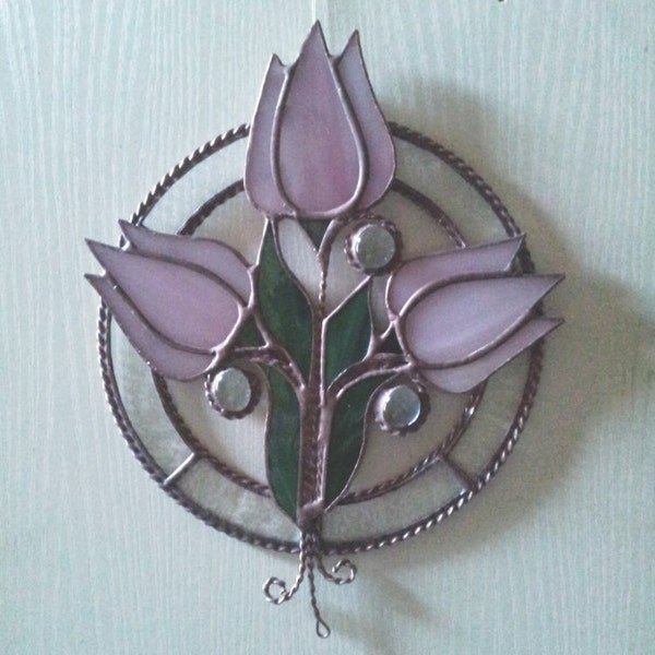 Pendant "Pink Tulips". Flowers, Floral. Stained Glass. Handmade. Room decor. Pendant for wall.  Wall decor. Wall hangings. DizArtEx.