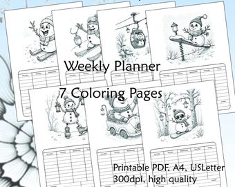 Esportes de inverno, bonecos de neve, planejador semanal simples, programação, 7 páginas para colorir, fotos engraçadas, PDF, 300dpi. Para casa, para a escola, para o escritório.