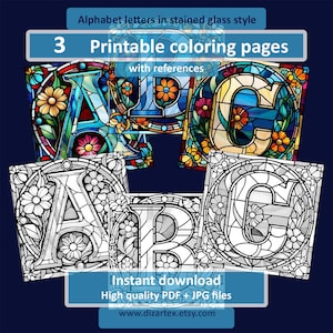 3 Alphabet A B C Letters Coloring pages with references, Stained Glass Style, For any age, Grayscale, Printable PDF, JPG, Digital AI Art