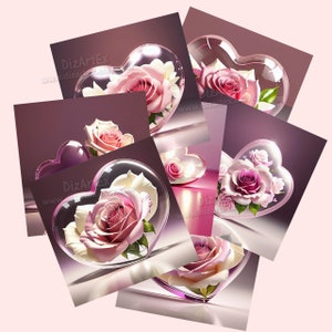 Clipart, ensemble de 19 pièces. Roses dans des coeurs de verre. Graphiques numériques pour cartes postales, autocollants, pour réseaux sociaux, fichiers ZIP, JPG, 300dpi. DigitalIAArt