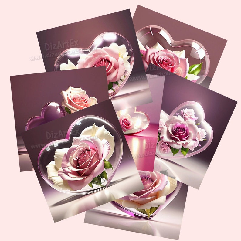 May include: A collection of six pink roses, each encased in a heart-shaped glass container. The roses are arranged in a variety of positions, with some facing the viewer and others facing away. The glass containers are clear and have a slight shimmer to them. The background is a soft pink color.