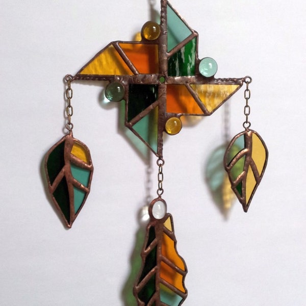 Stained Glass Pendant "Autumn Motive". Pinwheel. Mobile. Handmade. DizArtEx.