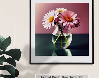 Daisies in a glass vase_2. Digital Art, printable, JPG, 300dpi. Wall decor,For Home,room,kitchen, decor. AI generated, AIArt. #_02.
