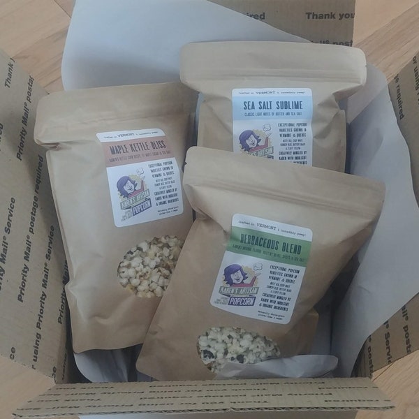 VARIETY PACK - 3 FLAVORS you choose - Maple, Herb, Chipotle, Rosemary & Garlic or Lemon Kettle Corn - Vermont Gourmet Popcorn