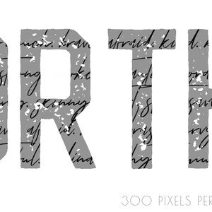 K&ouml;nnte beinhalten: Ein graues und wei&szlig;es Grafikdesign des Wortes "NORTH" mit einem Vintage-Muster aus handschriftlichem Text. Der Text hat eine Aufl&ouml;sung von 300 Pixel pro Zoll.