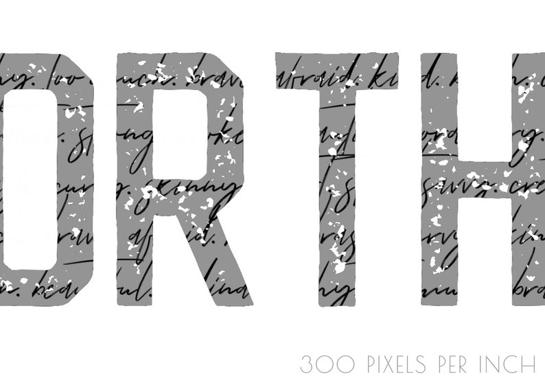 K&ouml;nnte beinhalten: Ein graues und wei&szlig;es Grafikdesign des Wortes "NORTH" mit einem Vintage-Muster aus handschriftlichem Text. Der Text hat eine Aufl&ouml;sung von 300 Pixel pro Zoll.