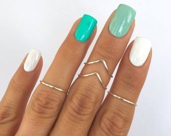 4 Midi Rings in Silver, Chevron and Simple Band Midi Rings. Wear these non tarnish mid knuckle stacking rings in many combinations!
