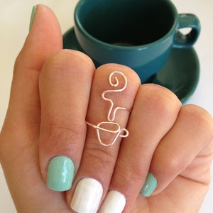 Coffee Addict, or Tea Lover, in Silver or Gold, Mug/Cup with Steam Adjustable Wire Wrap Around Ring Best Seller image 1