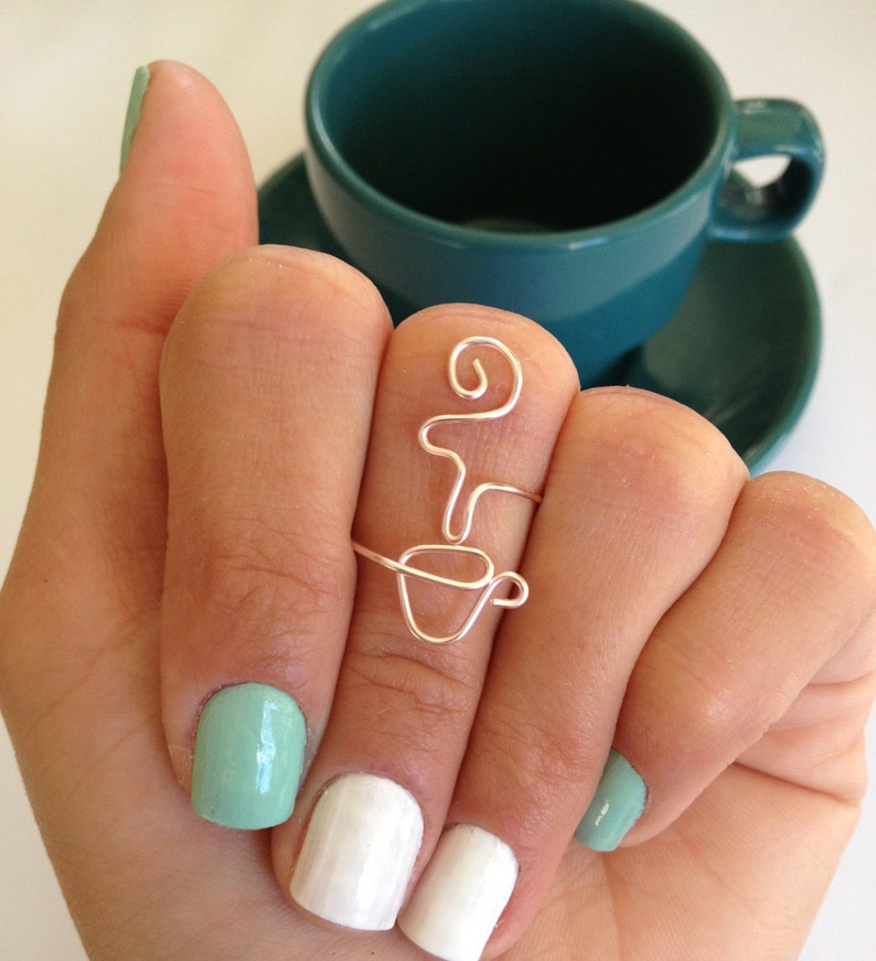 Coffee Addict, or Tea Lover, in Silver or Gold, Mug/Cup with Steam Adjustable Wire Wrap Around Ring Best Seller image 1