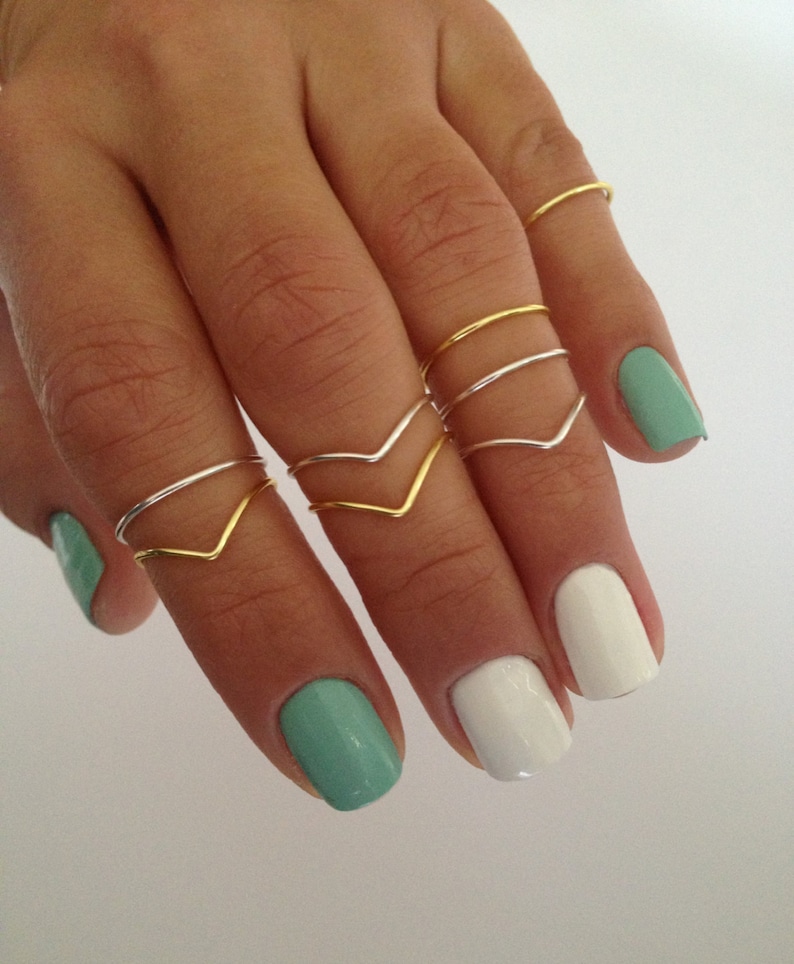 8 Midi Rings in Gold and Silver, Chevron and Simple Band Midi Rings. Mid knuckle stacking rings to wear in many combinations Best Seller image 2