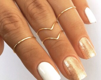 4 Midi Rings in Gold, Chevron and Simple Band Midi Rings. Wear these non tarnish mid knuckle stacking rings in many combos! -Best Seller-