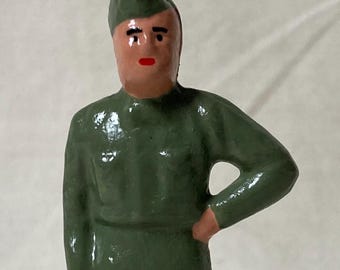 Gas Station Attendant in green coveralls, model train layout, service station, hand-painted reproduction of vintage toy figure