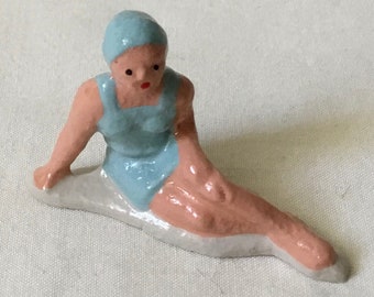 Young Woman Lying on the Beach, 1.75" collectible figurine, model train layout, hand-painted reproduction of vintage toy figure