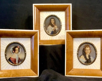 Set of 3 antique Victorian portrait miniatures, young women w/ long hair, lace & flowers, framed, signed LW