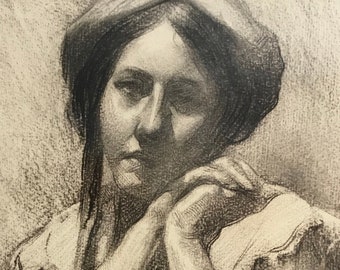 Peasant woman, lovely graphite & charcoal drawing on paper, matted/framed 31x25