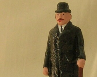 Edwardian Gentleman with Cane, 2-1/4" tin figure for model train layout, hand-painted reproduction of vintage toy figure