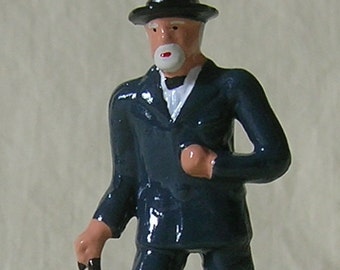 Old Man walking with cane, model train platform/street layout, hand-painted reproduction of vintage toy figure