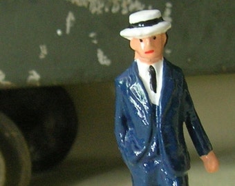 Edwardian Man in Straw Hat, 2-1/4" tin figure for model train layout, hand-painted reproduction of vintage Johillco toy figure