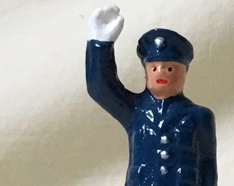 Policeman / Cop directing traffic, G scale/Standard Gauge model train layout, hand-painted reproduction of vintage toy figure