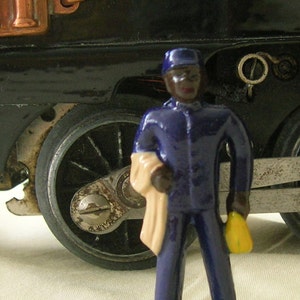 Train Porter with Whisk Broom, collectible figurine, O scale model train layout, hand-painted reproduction of vintage toy figure