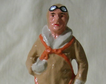 Aviator / Pilot in flight suit & goggles, Standard Gauge model train layout, gift for veteran, hand-painted reproduction of vintage toy