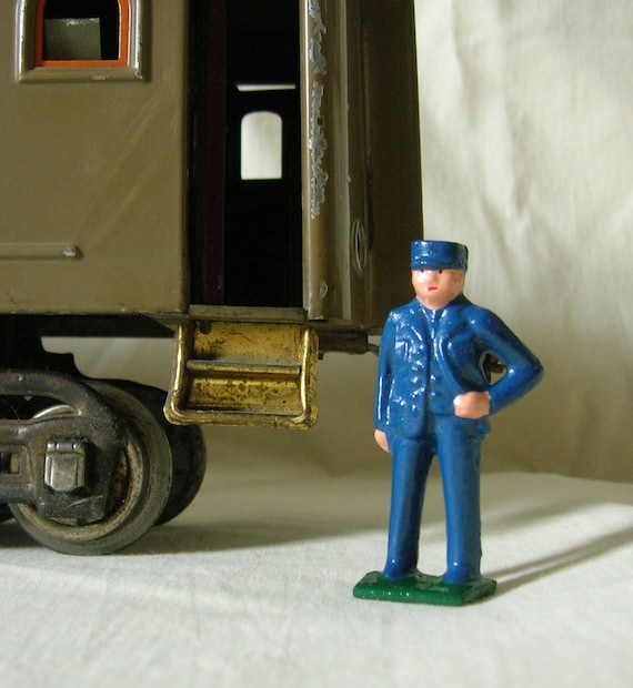 Model Railroad Conductor on the Platform, G scale/Standard Gauge model train layout, hand-painted reproduction of vintage toy figure