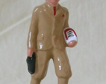 Schoolboy w/ lunch & books, collectible figurine, model train layout, hand-painted reproduction of vintage toy figure