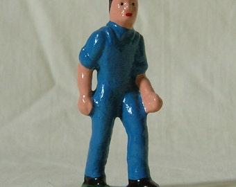 Farmer in blue overalls, walking man, G scale/Standard Gauge model train layout, hand-painted reproduction of vintage toy figure