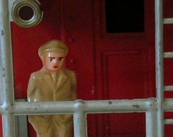 Traveling Boy in Khaki suit, model train station platform, hand-painted reproduction of vintage toy figure, collectible figurine