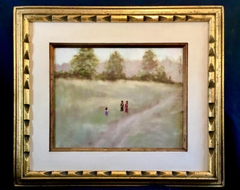 Pastoral landscape with three figures in a field by A.M. Autorino, oil painting on canvas