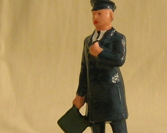 Train Guard w/green flag, Signalman, platform layout figure, Reproduction Johillco, hand-painted reproduction of vintage toy figure