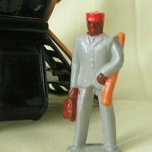Redcap carrying luggage, collectible figurine, O scale model train layout, hand-painted reproduction of vintage toy figure