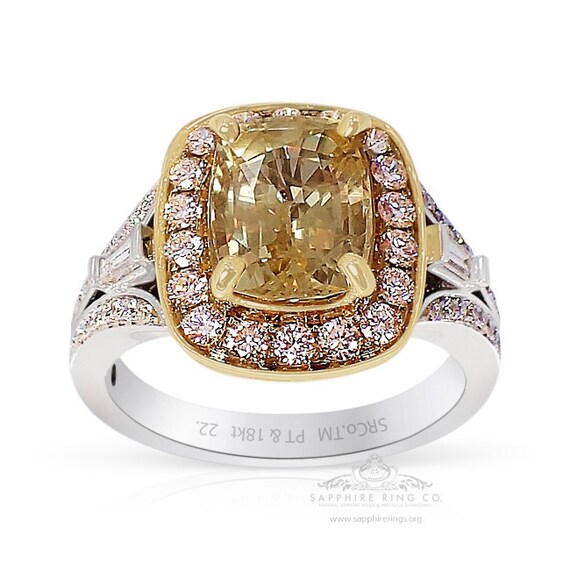 3.12 ct Unheated Yellow Sapphire Ring, Platinum & 18kt Yellow Gold GIA Certified - 0.82 cts Diamonds