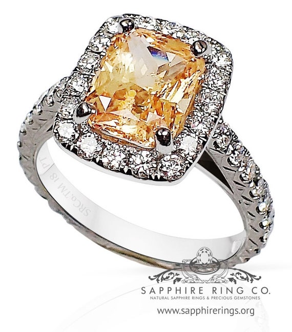 Peach Natural Sapphire and Diamond Ring-4.06 tcw Cushion Platinum-7 grams ring