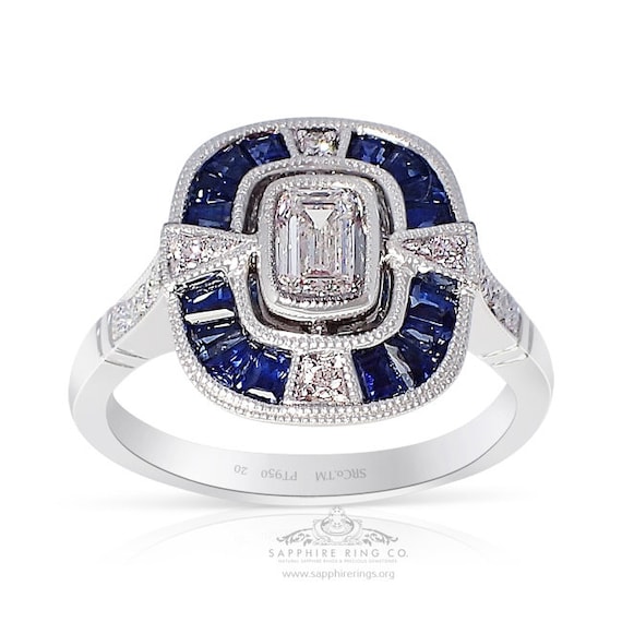 Antique Platinum Diamond & Sapphire Ring - VS-1 - E, 0.95 tcw Emerald Cut GIA