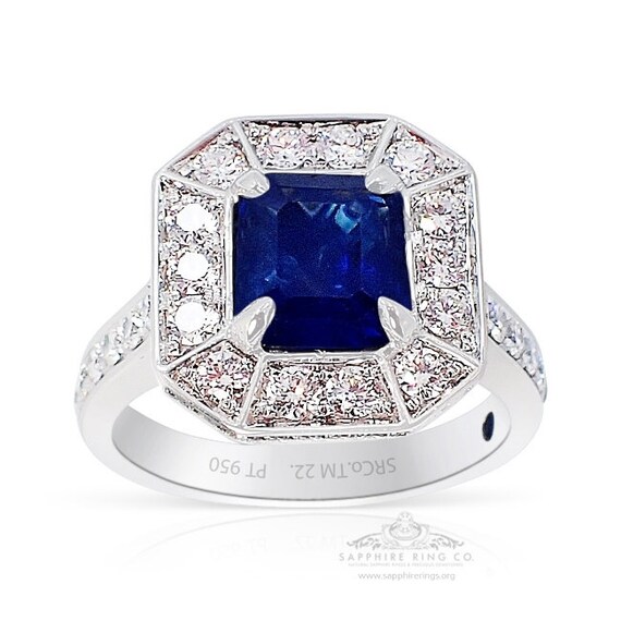 2.05 ct Natural Platinum Diamond Sapphire Ring, GIA Certified Emerald Cut