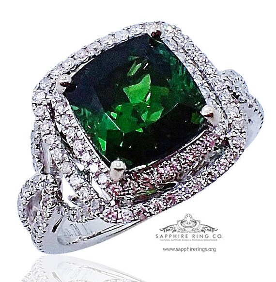 Green cushion cut tourmaline and diamond ring