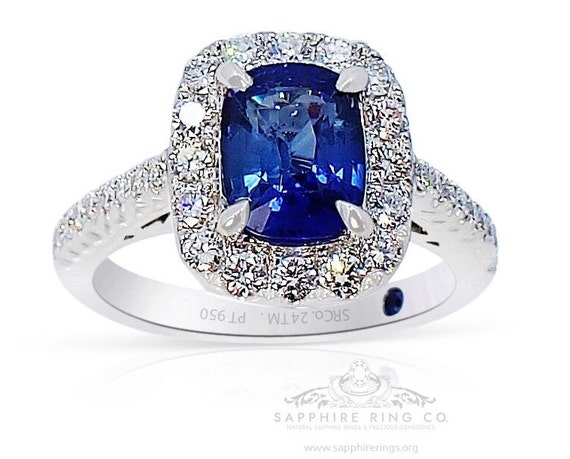GIA Certified Natural 1.76 ct Blue Ceylon Sapphire Platinum Ring Cushion Halo