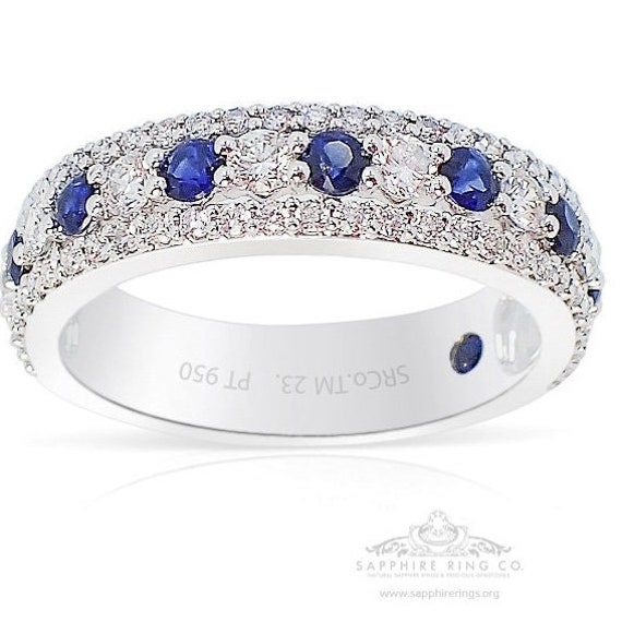 Custom Platinum blue Sapphire Diamond Wedding Band-1.72 tcw
