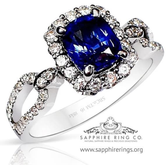 Blue Sapphire & Diamond Ring-1.24 ct Blue Cushion Ceylon-Certified 18kt sapphire