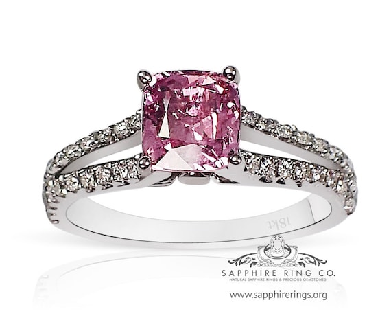 Pink Natural Sapphire and Diamond Ring-Cushion Cut Ceylon-18kt White Gold 1.54 tcw