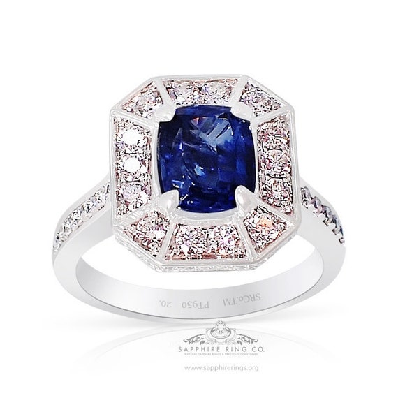 1.69 ct Platinum Sapphire Engagement Ring, Blue Cushion Cut GIA Certified