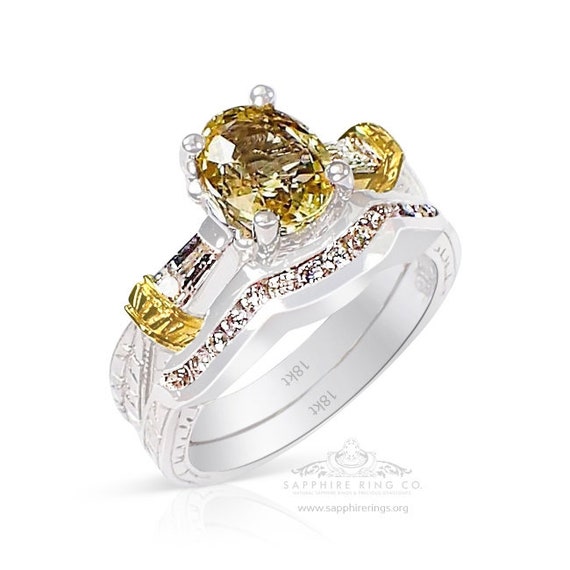 Yellow Oval Cut Sapphire and Diamond Ring, 18 kt White Gold 2.13 tcw