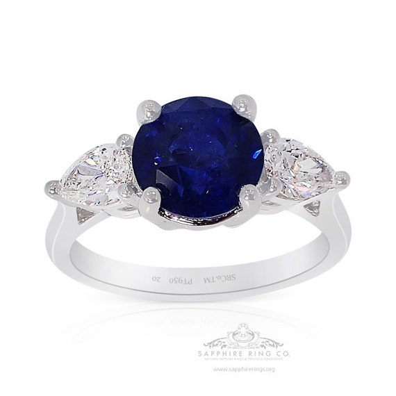 3 Stone Sapphire Ring, 3.05ct Natural Ceylon Sapphire With 2 Pear Cut Diamonds All GIA Certified x 3