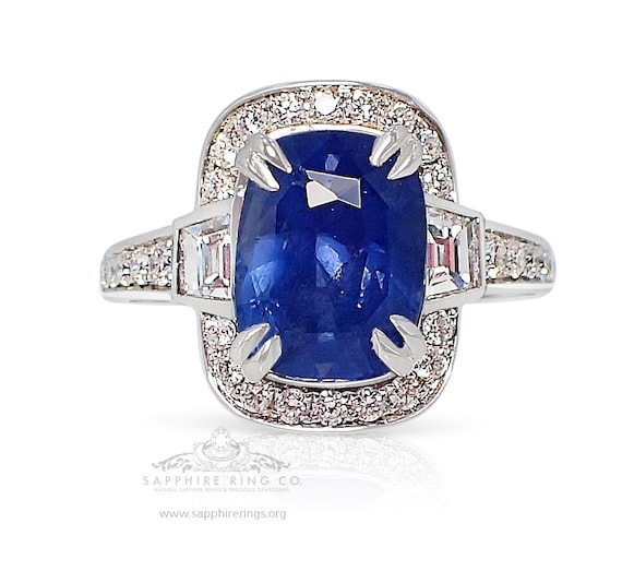 4.07 ct  Untreated Platinum Sapphire Ring, GIA Certified Blue Cushion Cut Ceylon sapphire.