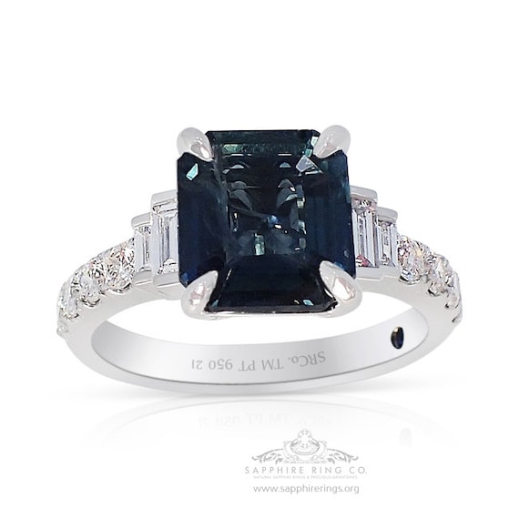 3.50 Carat Natural Teal Sapphire Ring, Platinum 950 GIA Certified - Greenish-Blue