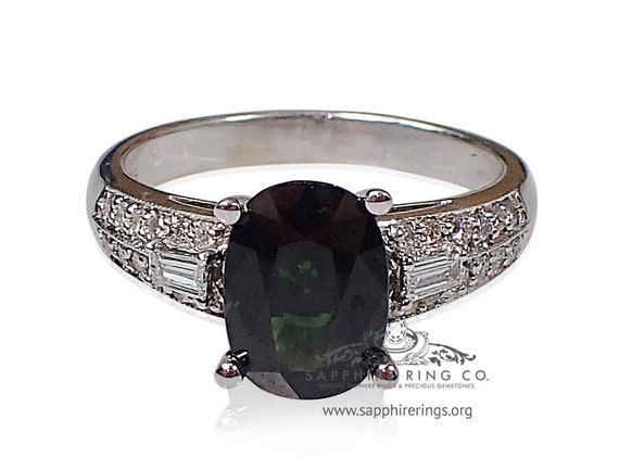 Green Oval Cut Natural Sapphire and Diamond Ring-Certified 14kt White Gold 2.85 tcw