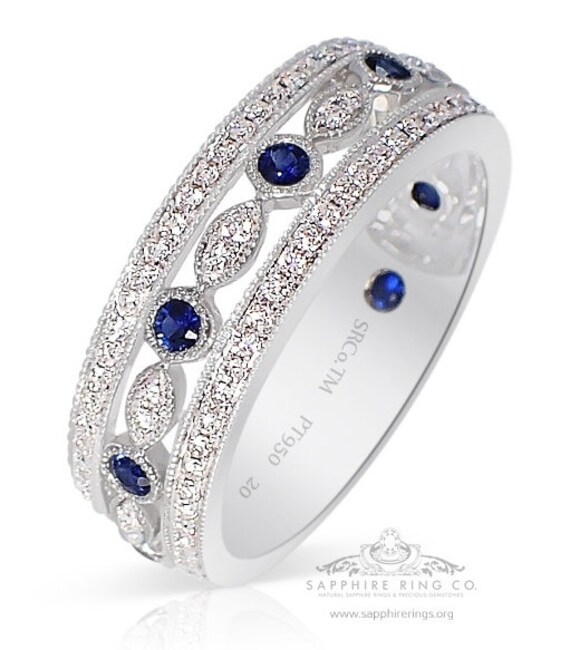 Vintage Style Platinum Sapphire Wedding Band, 0.63 cts GIA G. G Certified