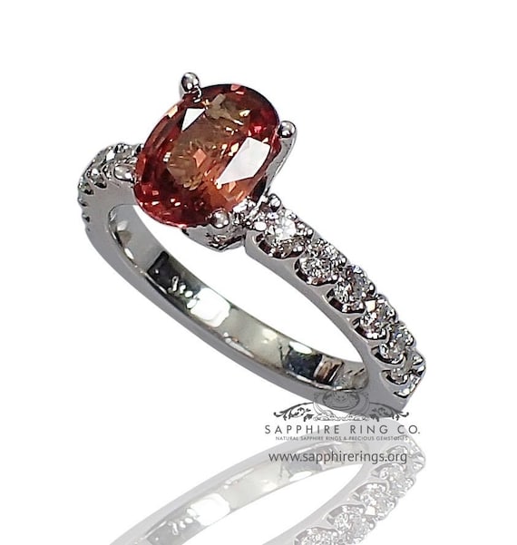 Orange Sapphire and Diamond Ring, Oval Cut Ceylon 4.70 grams ring-14 kt White Gold